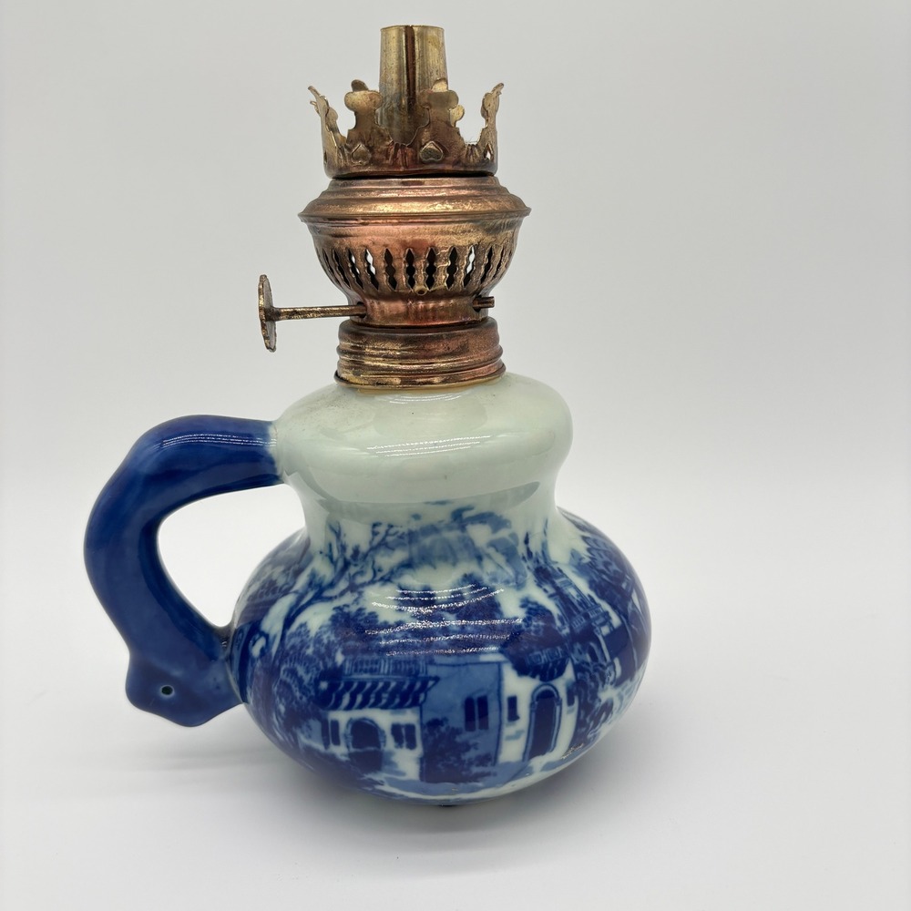 Vintage Flow Blue Ironstone Oil Lamp Victoria Ware Scenic Transferware Lighting